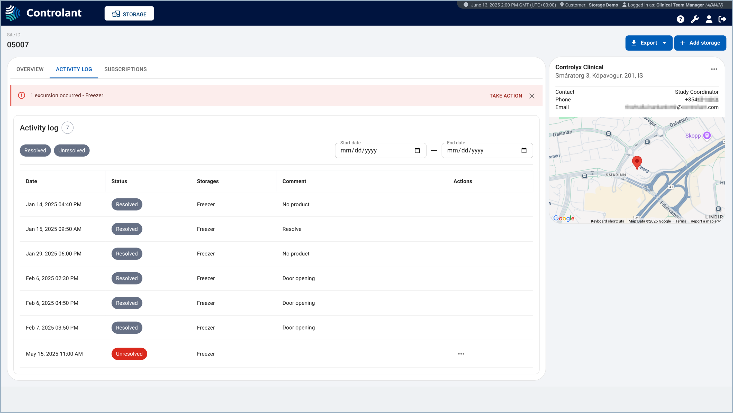 Clinical storage monitoring - Activity log tab