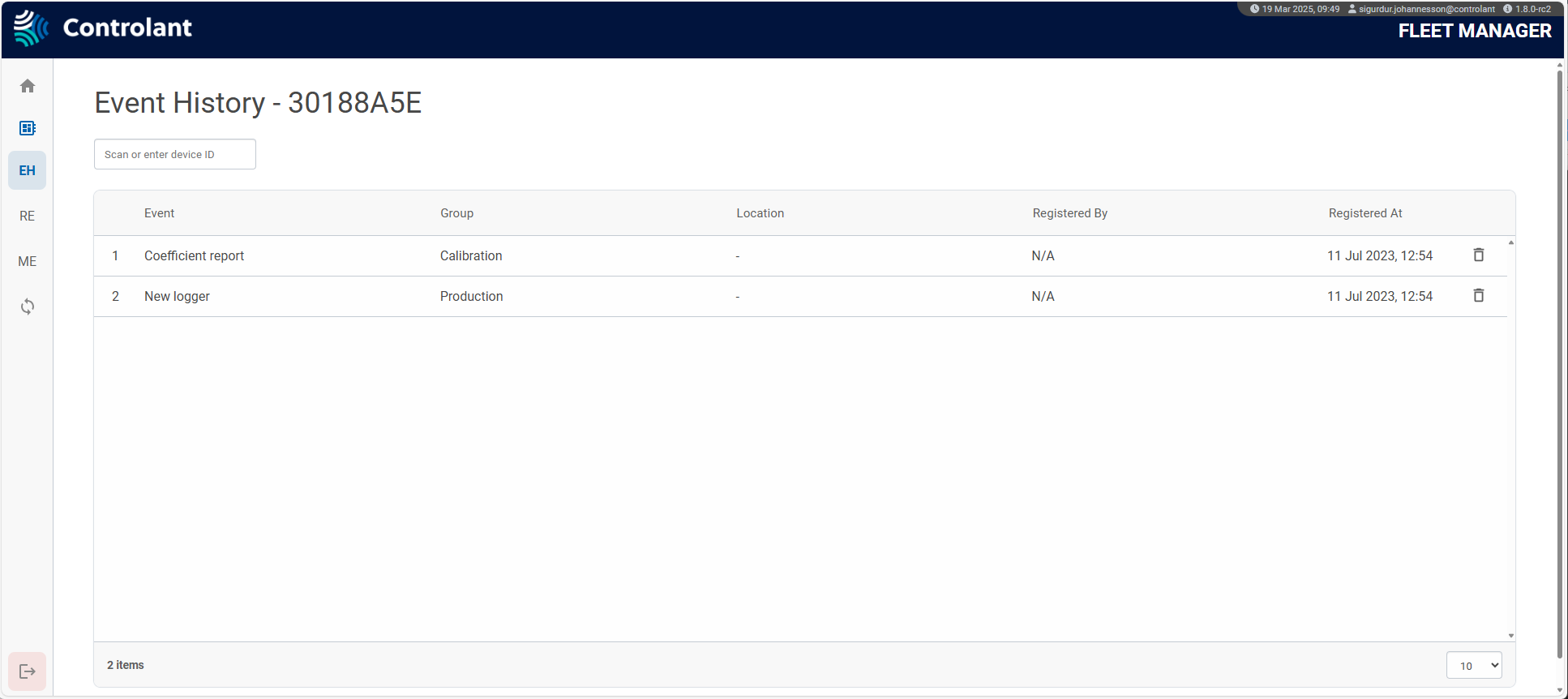 Fleet Manager - Service Events - Event History page - with a device selected