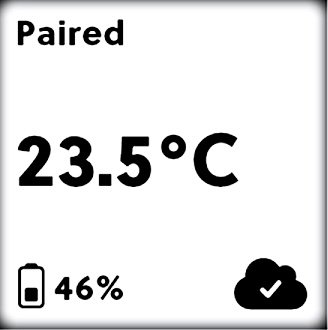 Saga logger display showing paired, battery percentage, and last measured temperature.