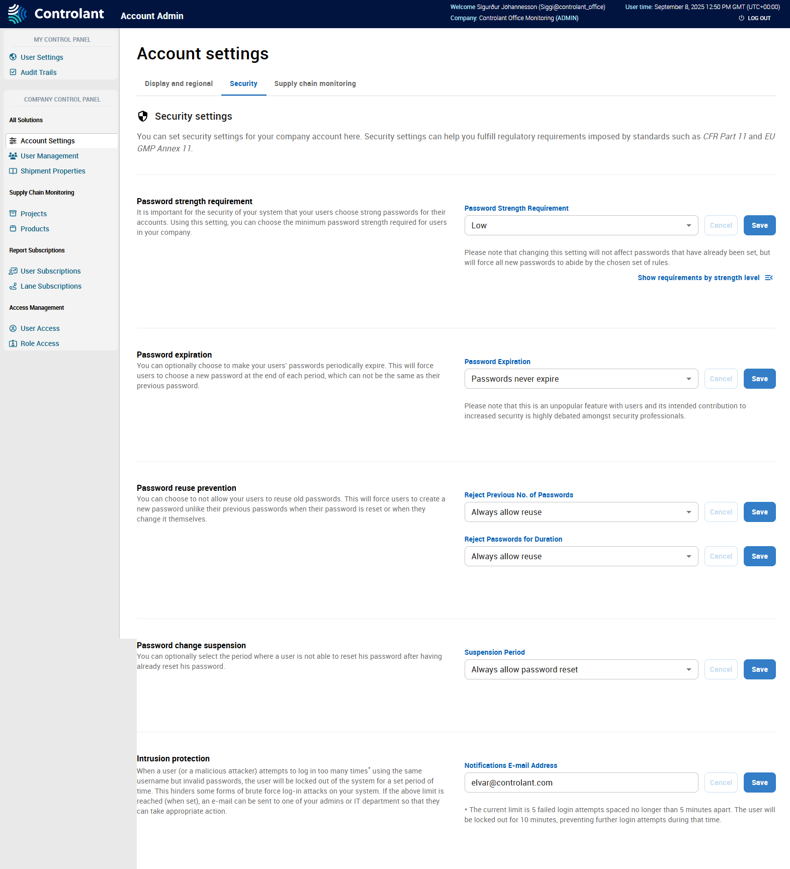 Account Admin -­ Account Settings - Security - Security tab