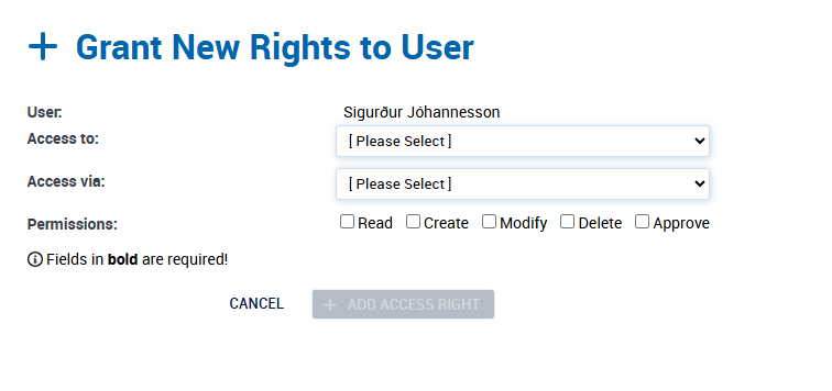 Grant new rights to user - Account Admin - Company Control Panel - Access Management