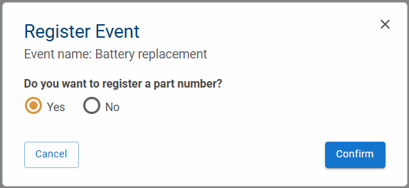 Fleet Manager - Service Events - Register Event dialog for Battery replacement event