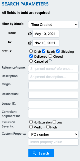 Search parameter showing new fields to search for a custom property