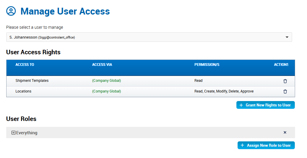 Account Admin - Company Control Panel - Access Management - User Access - Example user with User Access rights