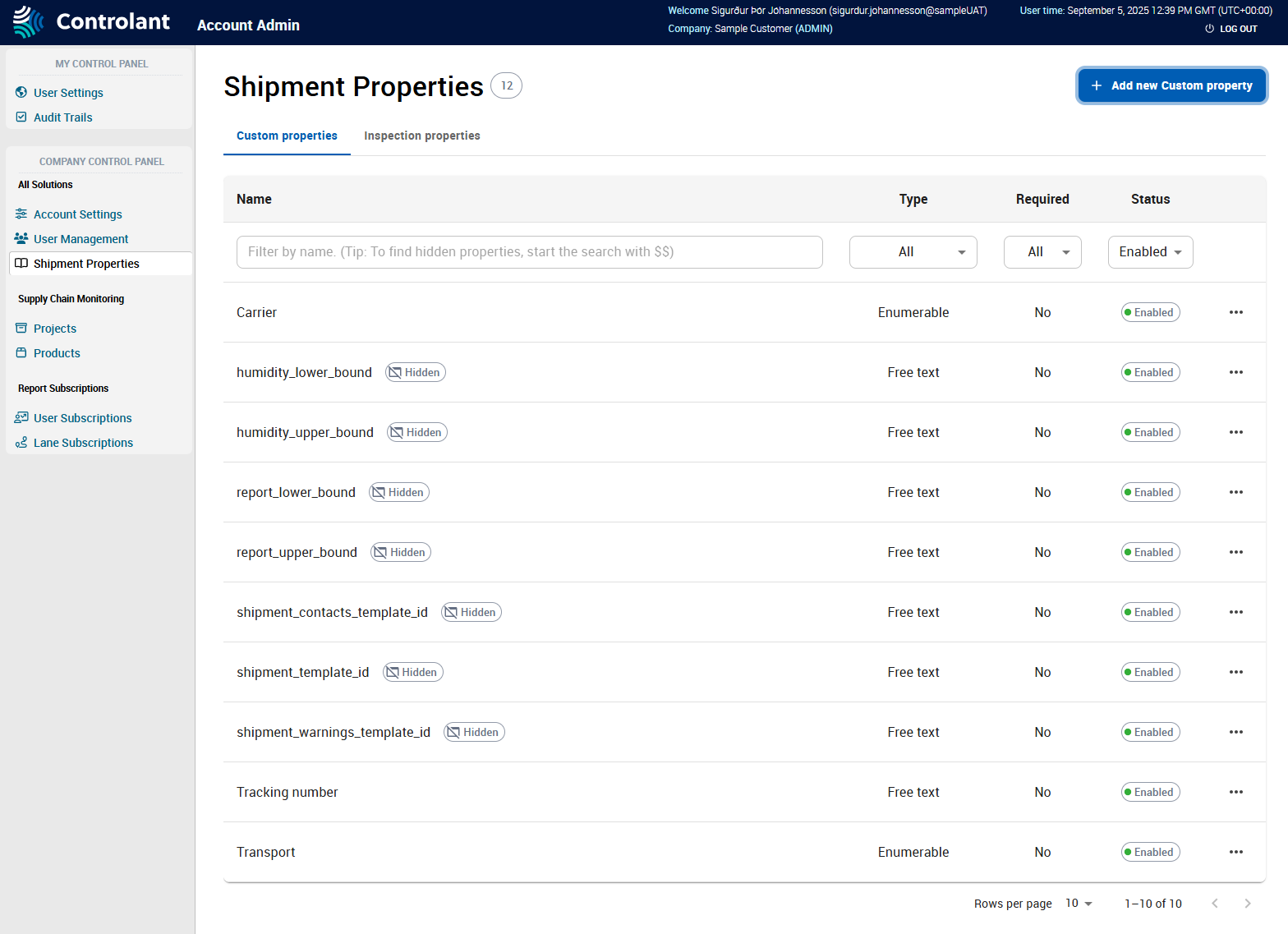 Account Admin - Shipment properties