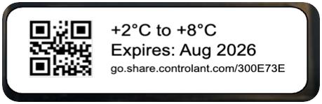 Controlant Go device label showing preconfigured temperature range, calibration expiry date, and unique link to shipment report
