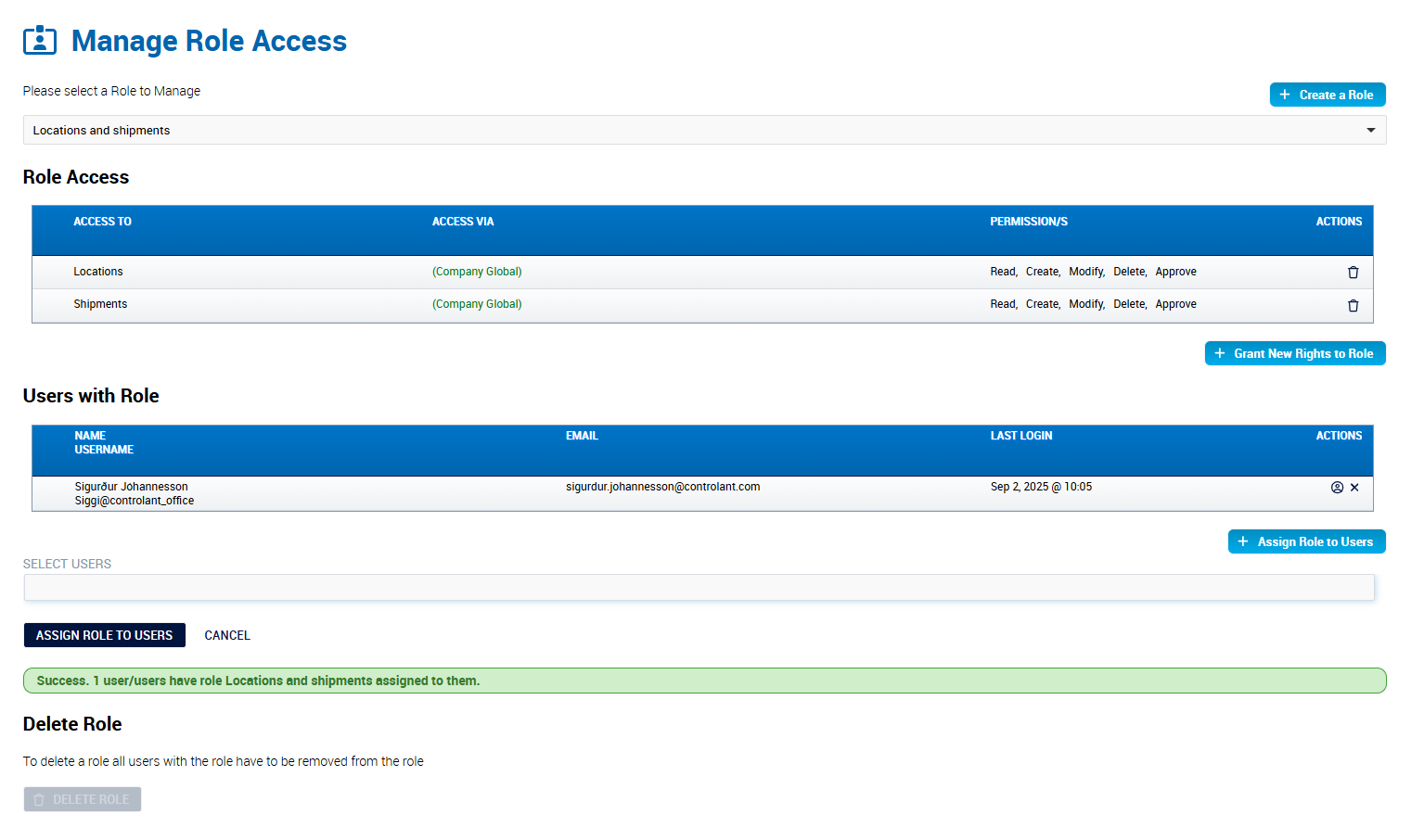 Manage Role Access page with example user