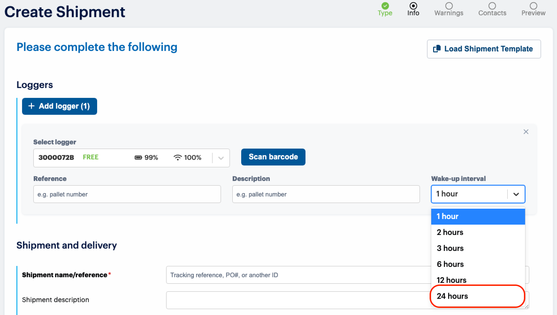 Screenshot of the Create shipment dialog, indicating you can now configure Saga loggers with a 24 hour wake-up interval