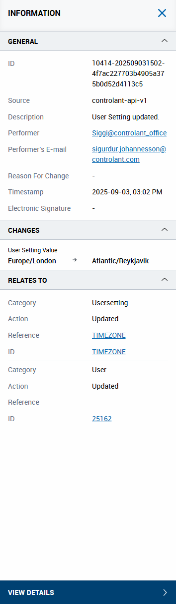 Information sidebar showing information about selected Audit trail record - Account Admin - Audit trail