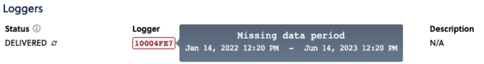 Single shipment view indicating data is missing - hover for a popup with details about period of missing data