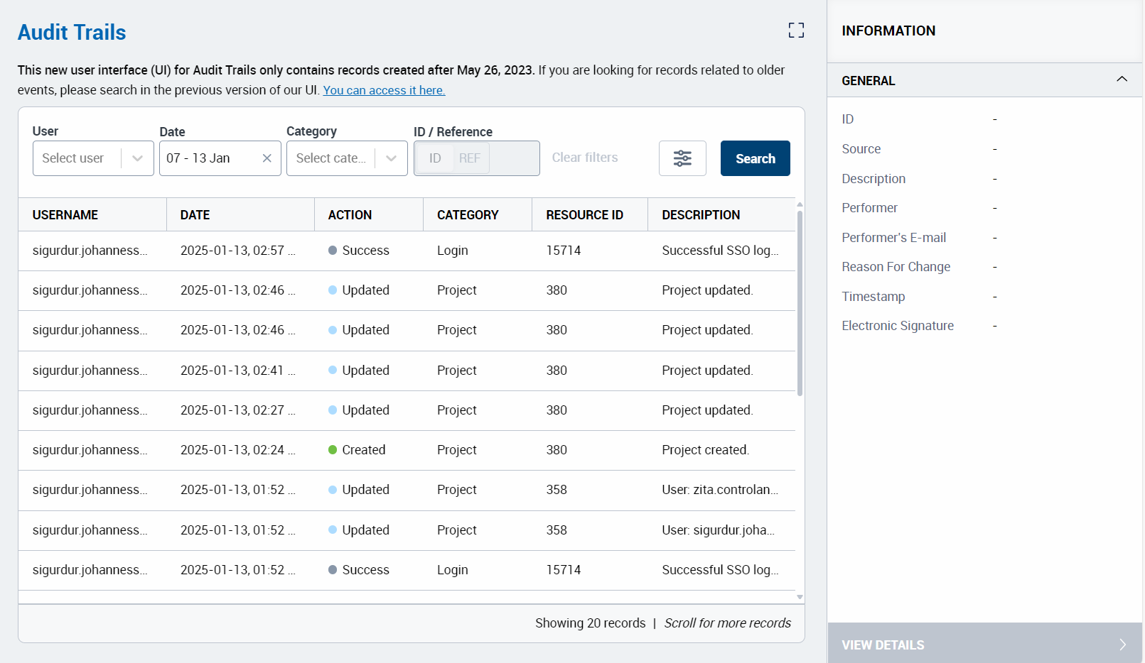 Account Admin - My Control Panel - Audit Trail screenshot