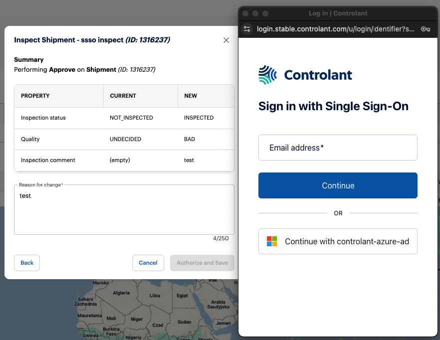 Inspect shipment dialog where you can now use SSO to electronically sign actions - with the Single Sign-On dialog