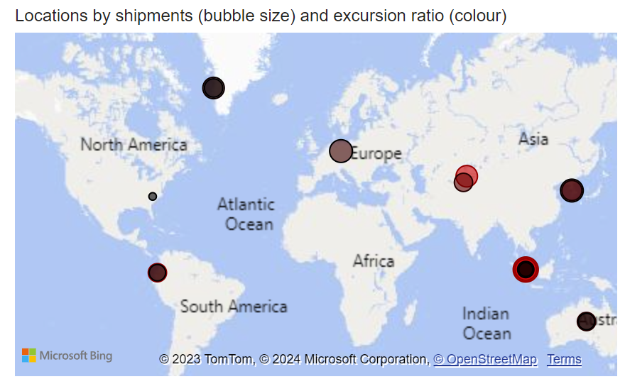 Map showing location of shipments and excursion ratio for lanes. Number of shipments at each location is indicated by the size of the bubble. Excursion ratio is indicated by the color of the bubble.