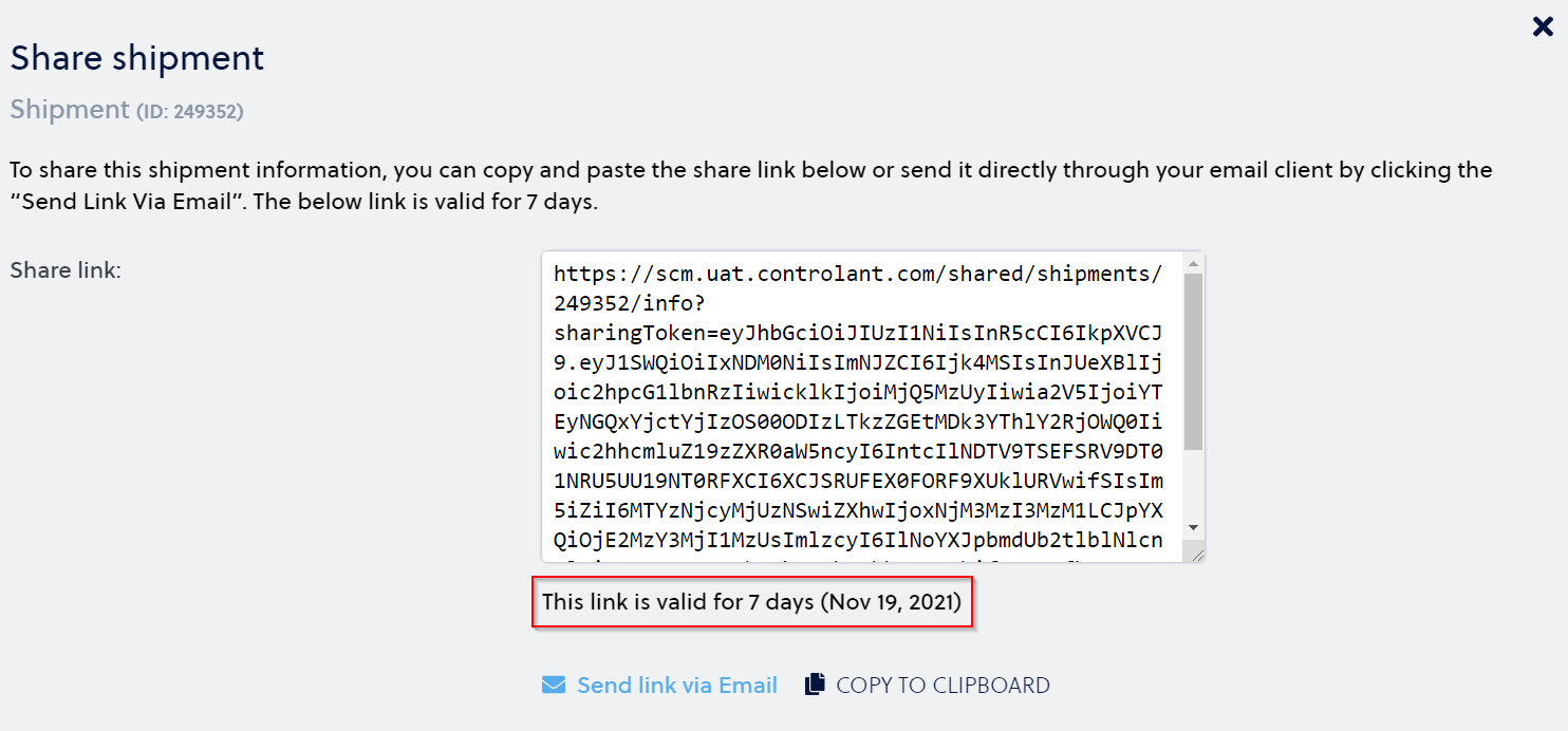 Share shipment dialog, indicating where you can find the time and time zone of the validity period for the link