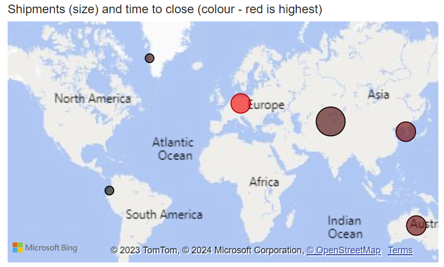 Map showing location of shipments at closing time. Size of shipments is indicated by size of bubble. Average amount of time it took to close shipment after arriving at destination, in days is indicated by color of bubble (red indicates the longest wait)