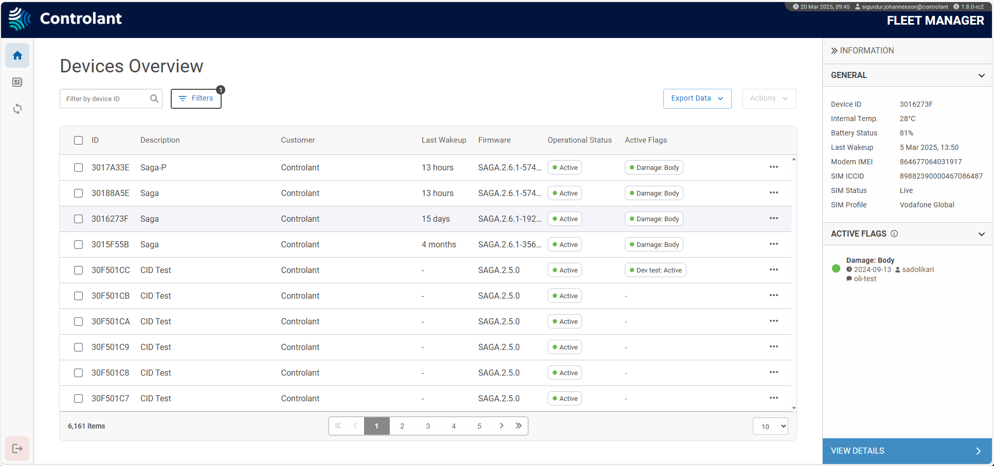 Devices overview page Fleet Manager - Devices overview page With filter applied and device selected
