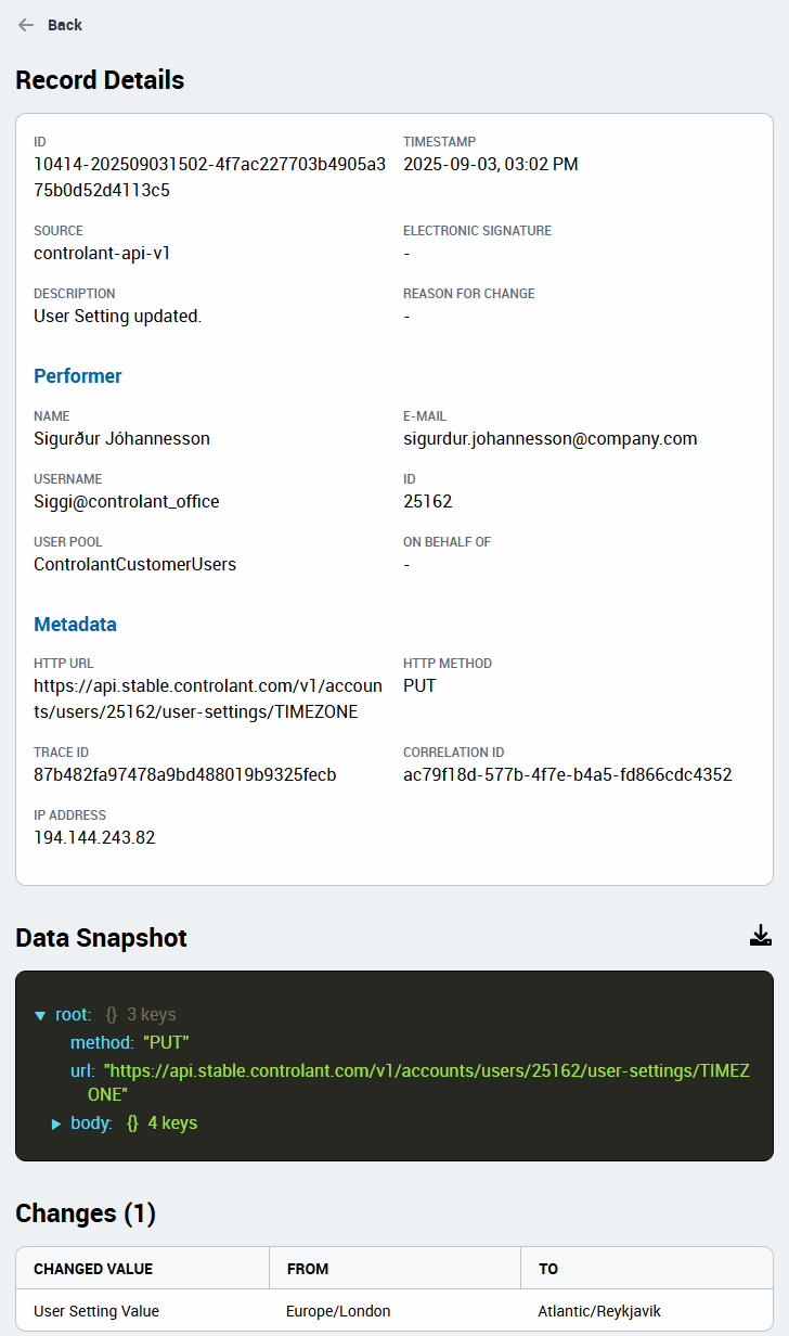 Records Details page showing details about the selected audit trail record - Account Admin - Audit trail