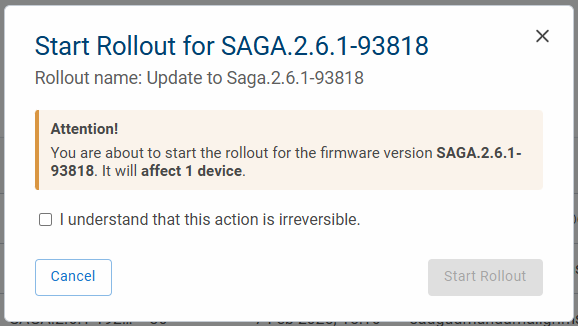 Fleet Manager - Firmware Rollout - Start Rollout dialog
