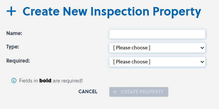 Account Admin -­ Company Control Panel - Inspection Properties - Create New Custom Inspection Property