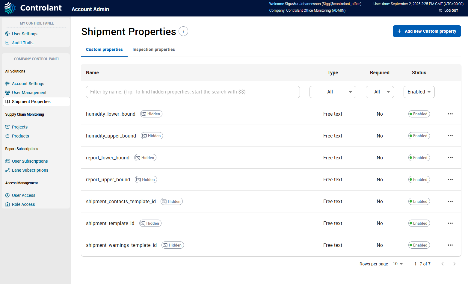 Custom Properties tab is now under Shipment Properties in the Account Admin menu