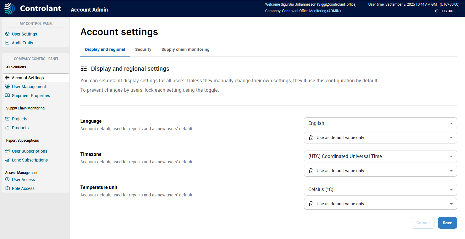 Account settings - Display and regional tab - Account Admin
