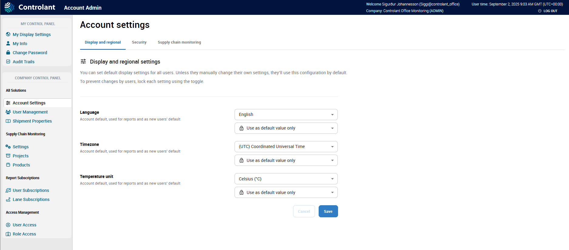 Account Admin - Company Control Panel - All Solutions - Account settings - Display and regional settings tab