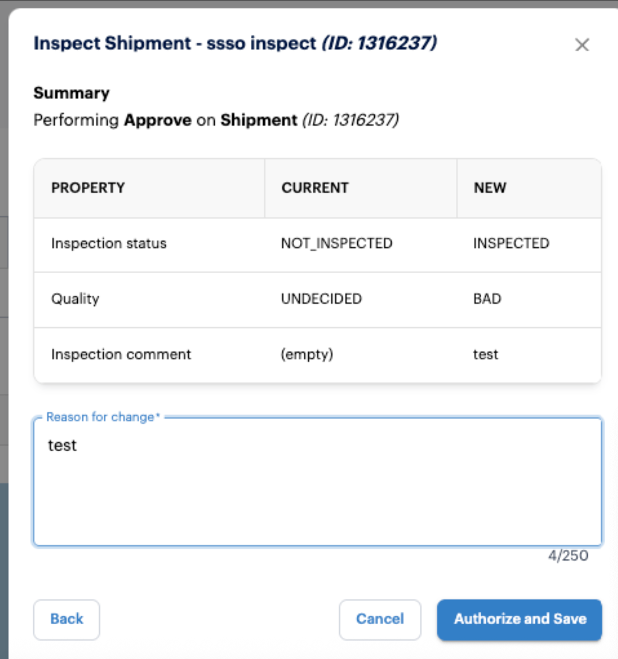 Inspect shipment dialog where you can now use SSO to electronically sign actions