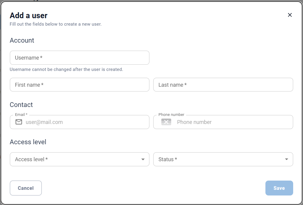 Account Admin -­ Company Control Panel - User Management - Add a user dialog