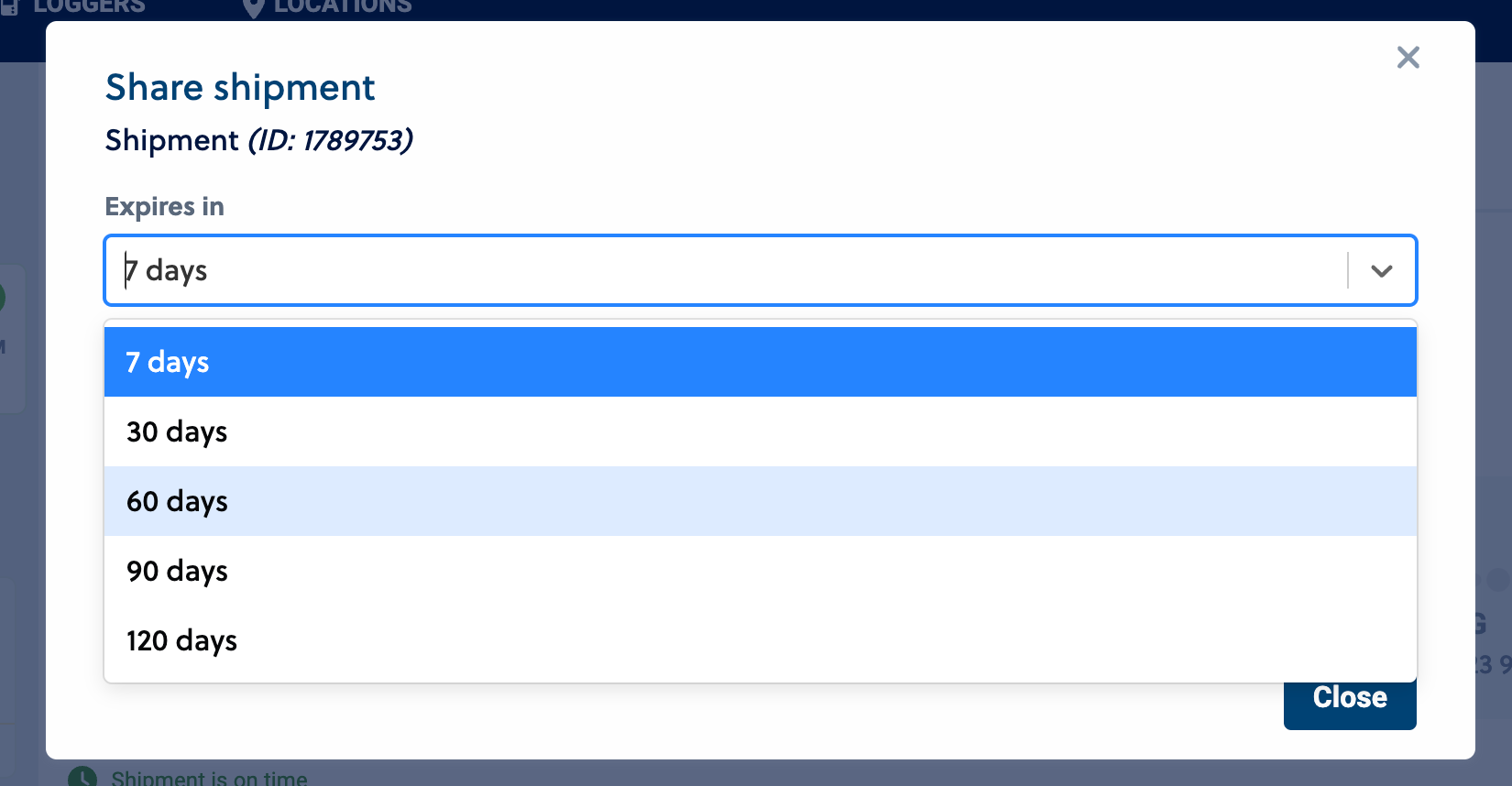 Screenshot showing dropdown to configure duration of Share shipment view after update