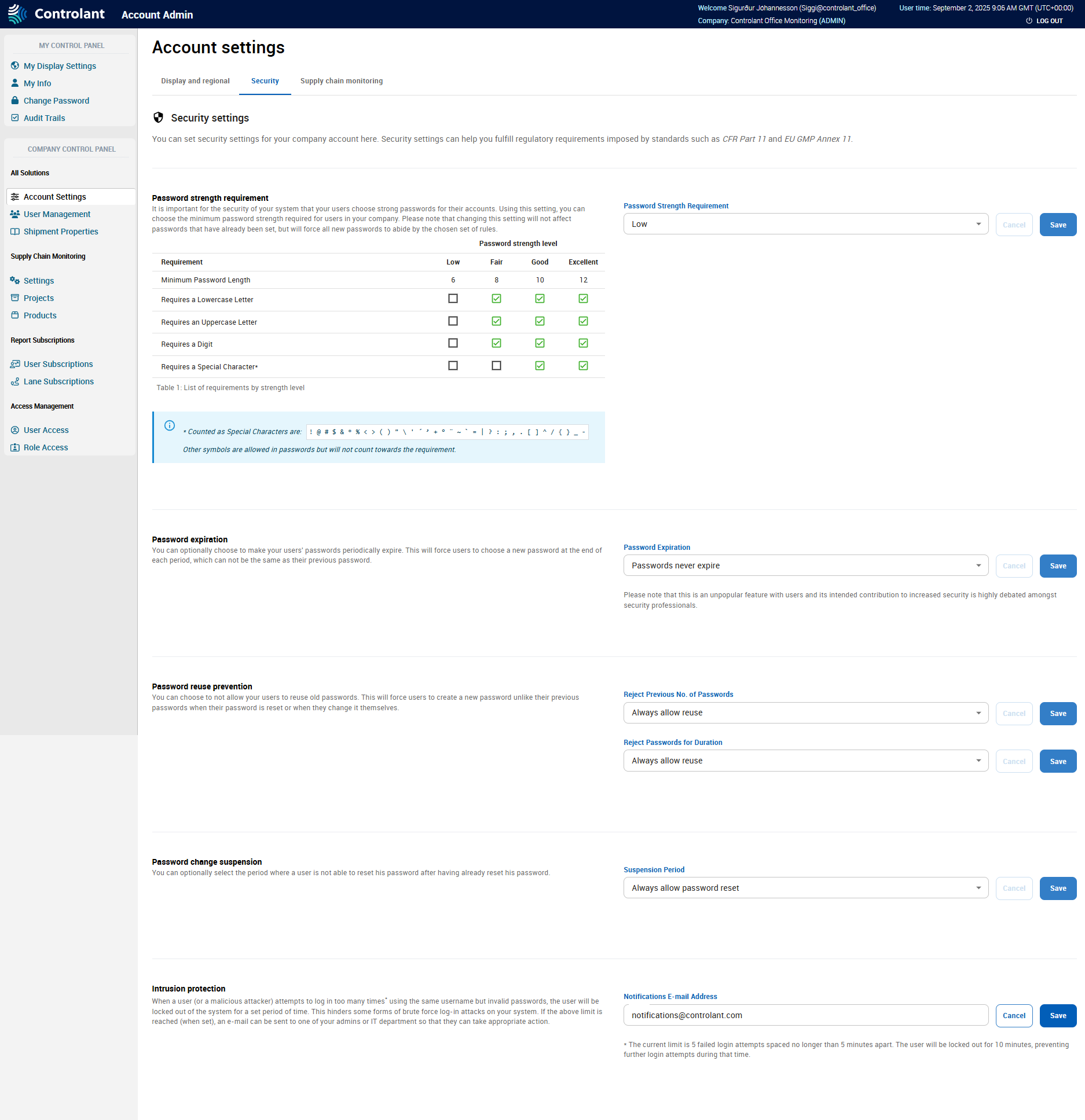Account Admin - Company Control Panel - All Solutions - Account settings - Security tab