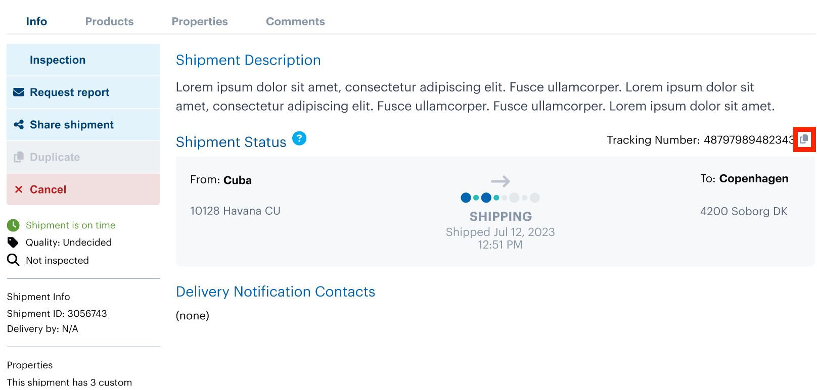 Screenshot showing how you can click to copy the tracking number for a shipment