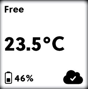 Saga logger display in standby mode: showing free in the upper left corner, battery percentage, and the last measured temperature.