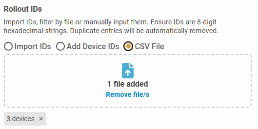 Fleet Manager - Firmware Rollout - New firmware rollout dialog - Rollout IDs - CSV file - example