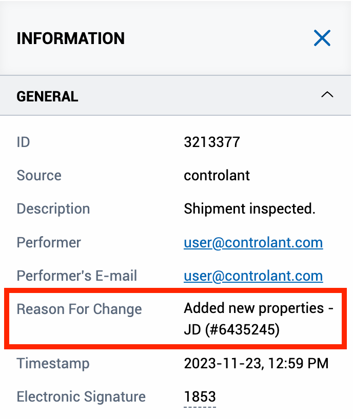 Screenshot showing how the reason for change provided appears in the Audit trail