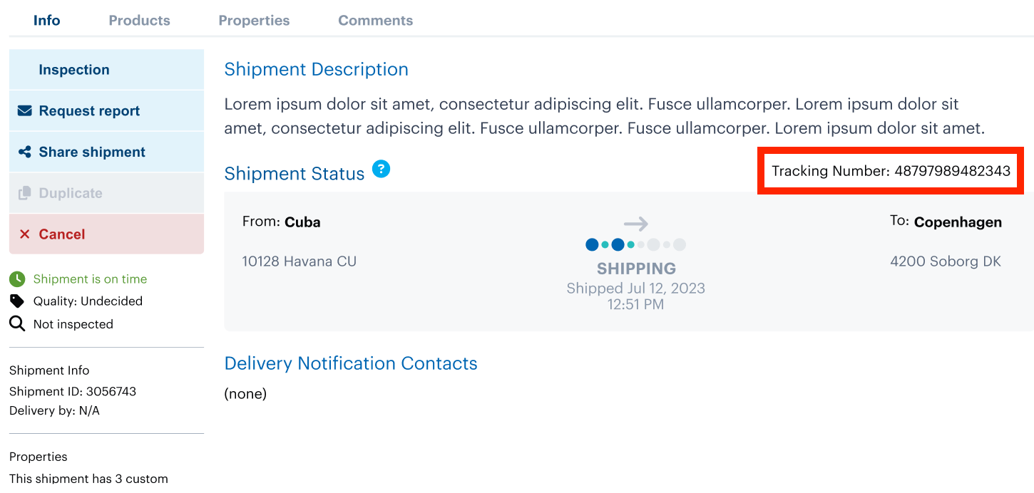 Screenshot showing how the tracking number is visible in the Shipment view