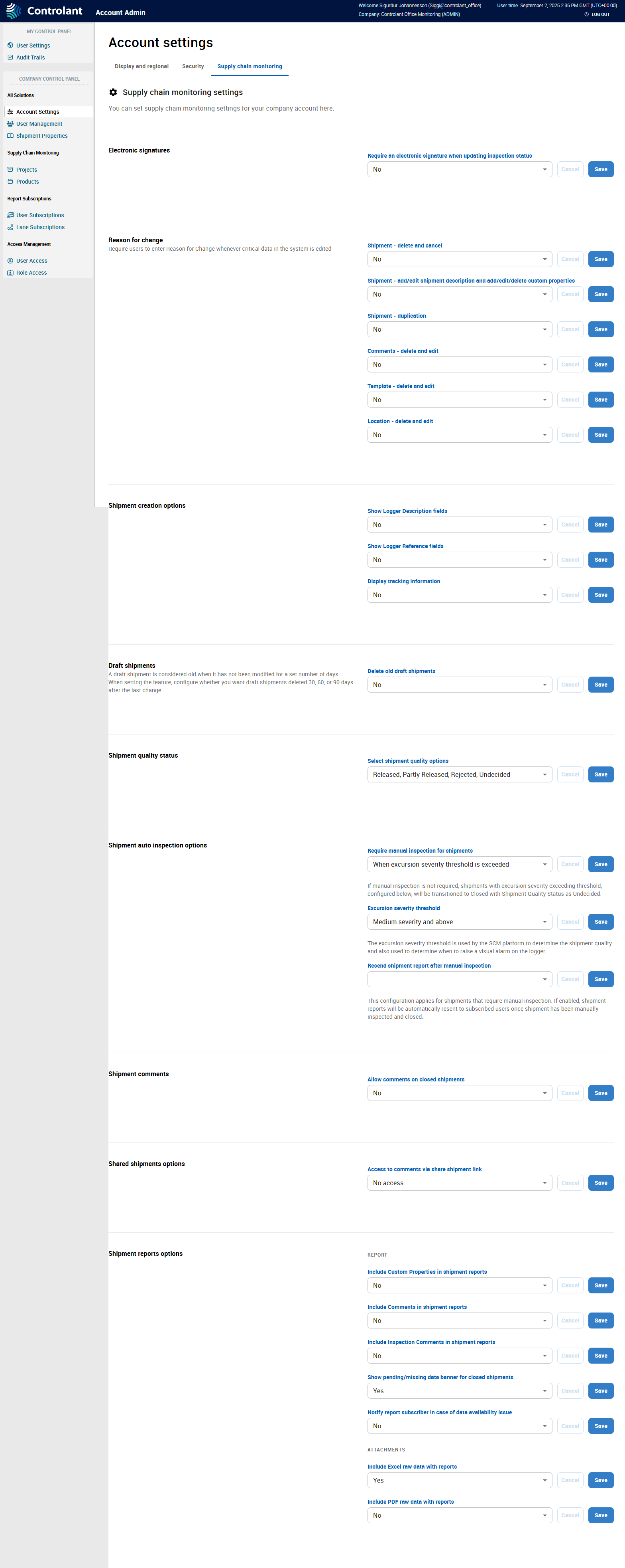 Account Admin - Company Control Panel - All Solutions - Account settings - Supply chain monitoring settings tab