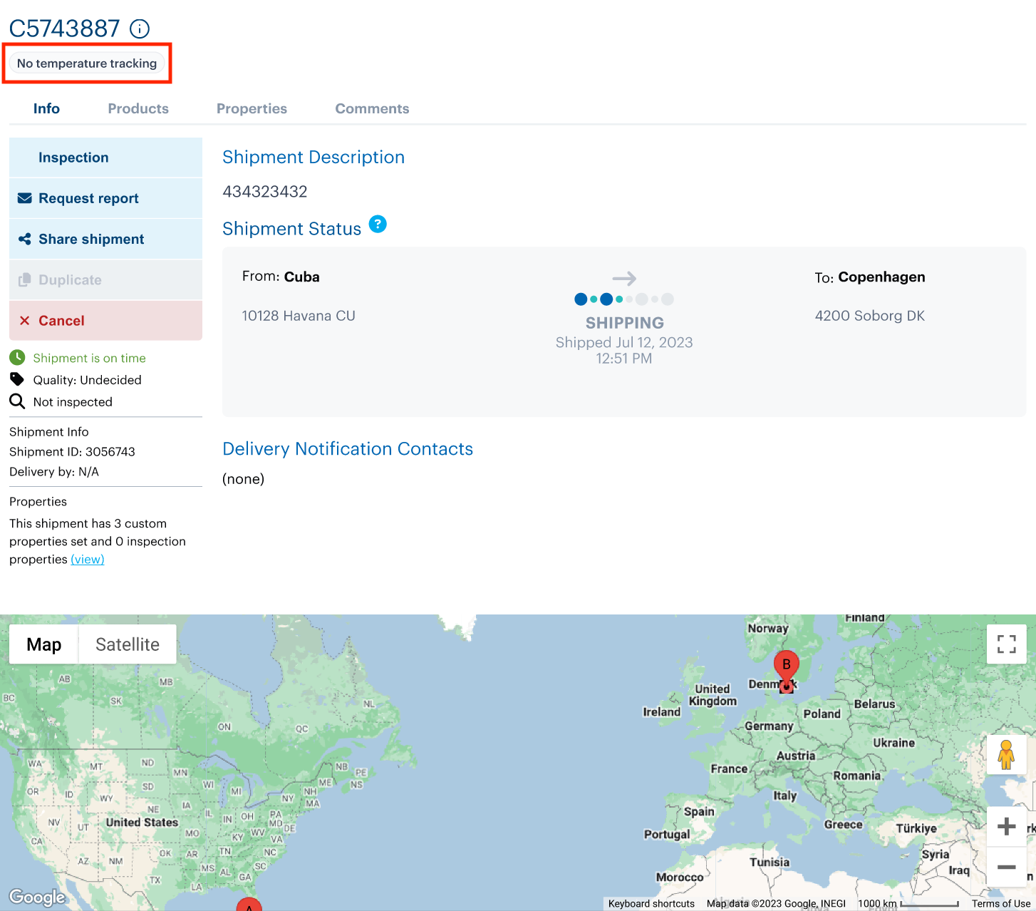 Screenshot of Shipment info tab showing that shipments without loggers will have the label "No temperature tracking"