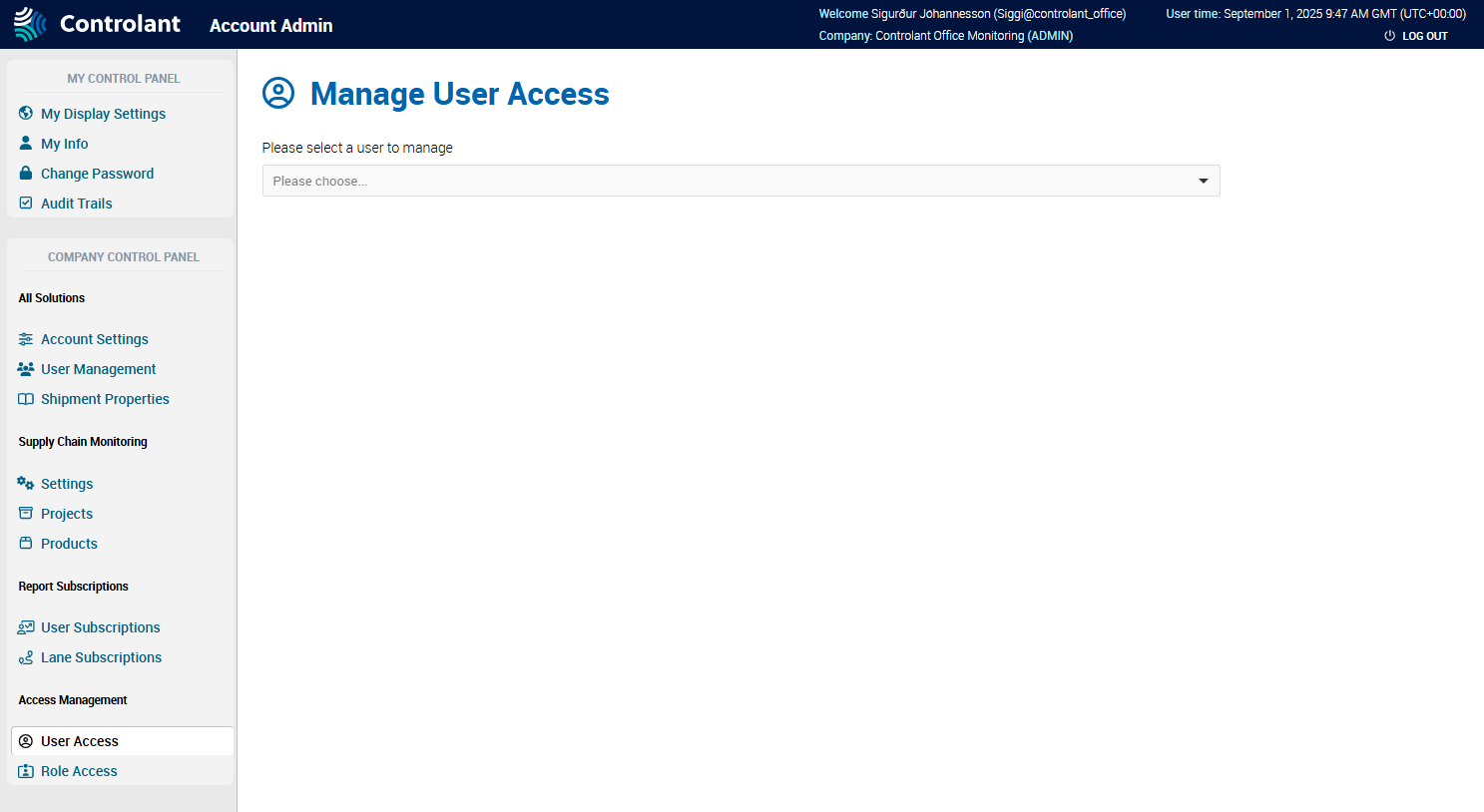 Manage user access page - Account Admin - Company Control Panel - Access Management